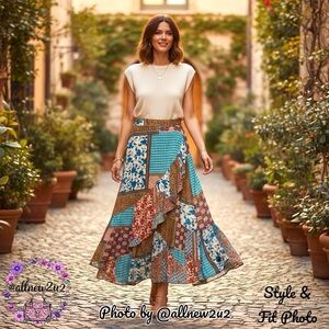 Kori Patchwork Hi-Low Maxi Festival Western Cowgirl Skirt Sz M